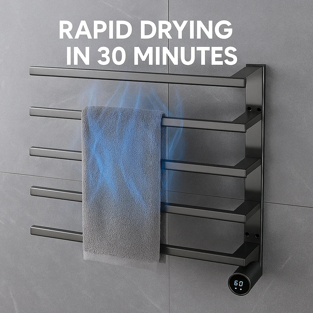 Wall Mounted Black Digital Display 304 Stainless Steel Electric Towel Warmer for Hotels Bathrooms Featuring Heater Technology