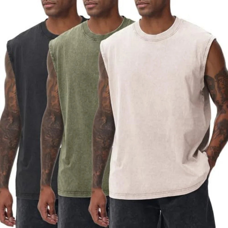 100% Cotton Men's Summer T Vintage Washed Vest Male Tops Round Neck Loose Oversized Large Size Casual Basic Streetwear Vest