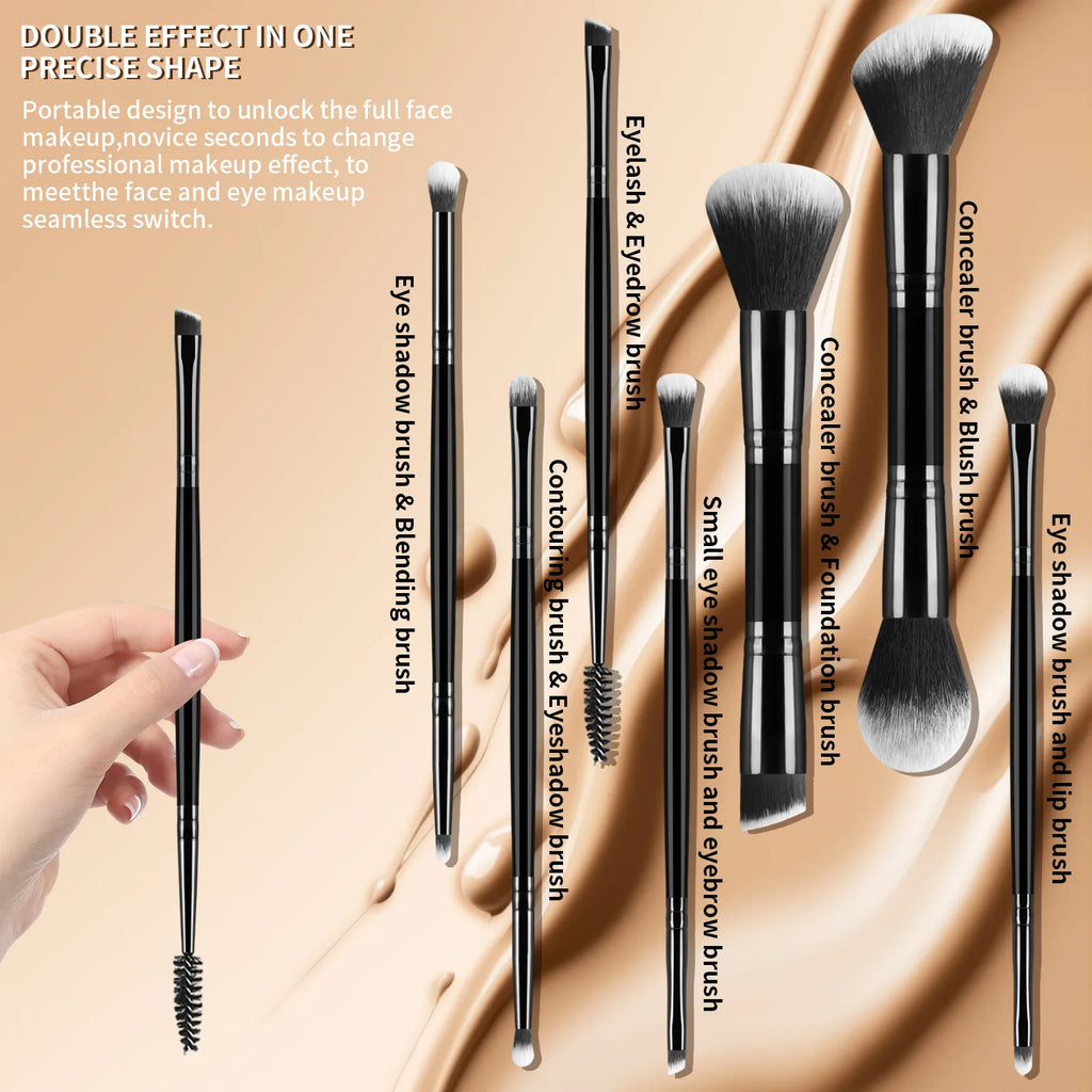 7 double-ended makeup brushes, loose powder brush, foundation brush, eyeshadow brush, eyebrow brush, soft hair beauty tool.