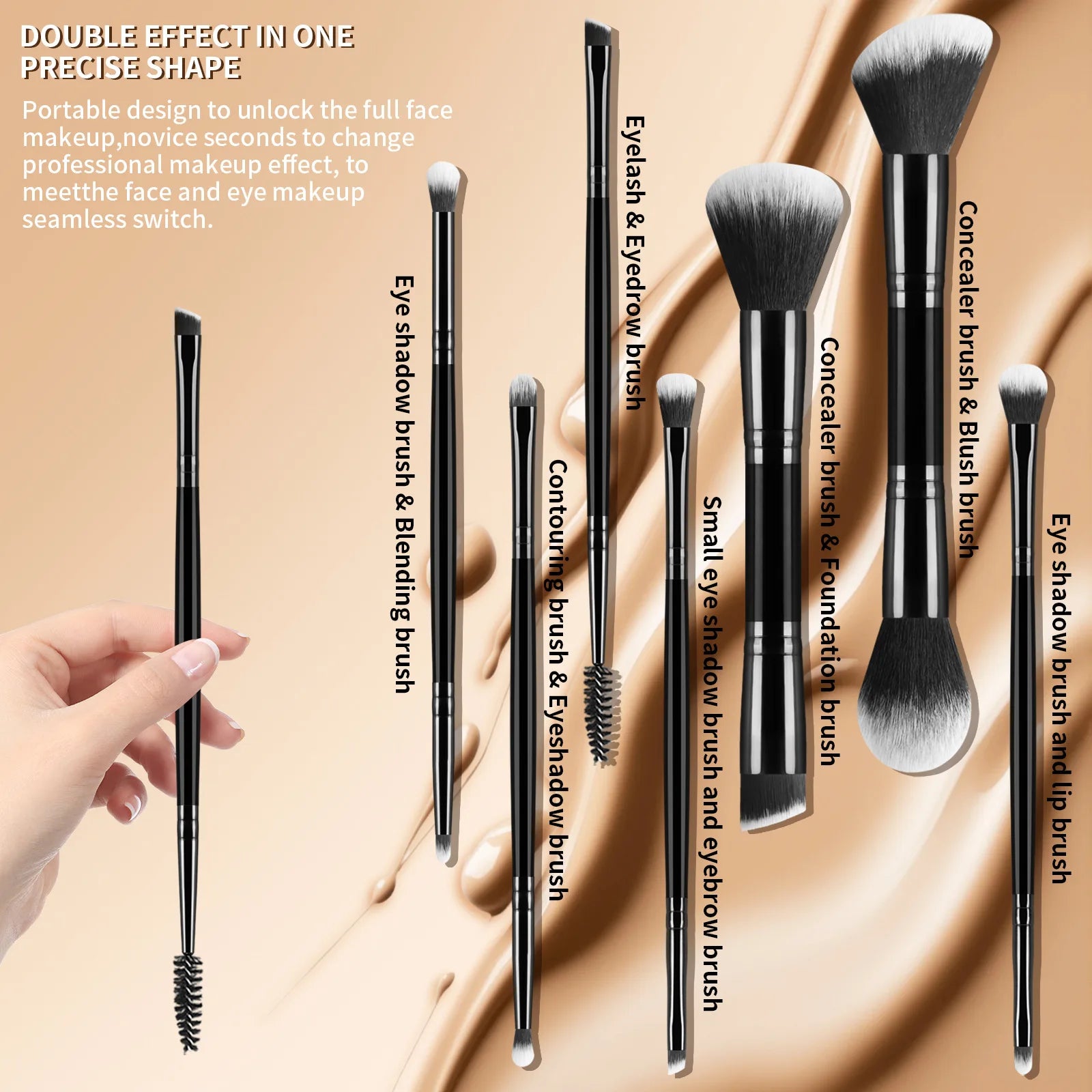 7 double-ended makeup brushes, loose powder brush, foundation brush, eyeshadow brush, eyebrow brush, soft hair beauty tool.