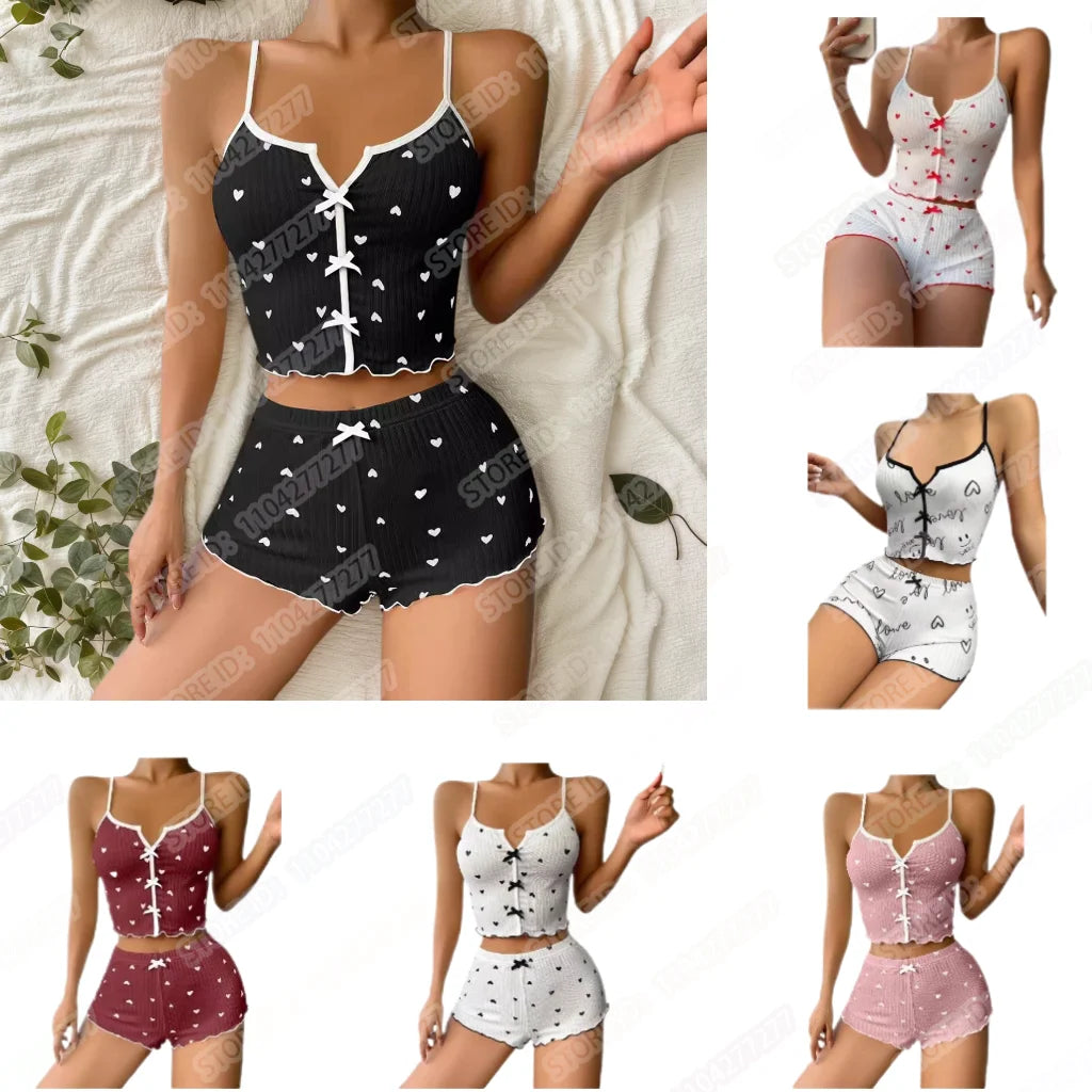 Women Sexy Sleepwear Pajamas Set Heart Print Silk Stain V-Neck Sleeveless Sexy Lingerie Casual Cami and Shorts Sets Loungewear