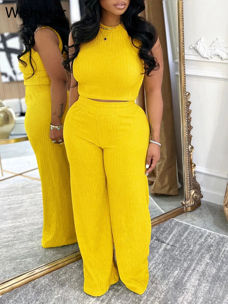 Women's Fashion 2-Piece Set Sleeveless O-Neck Crop Top with Wide Leg Pants Streetwear Casual Autumn Sports Outfit Tracksuit 2025