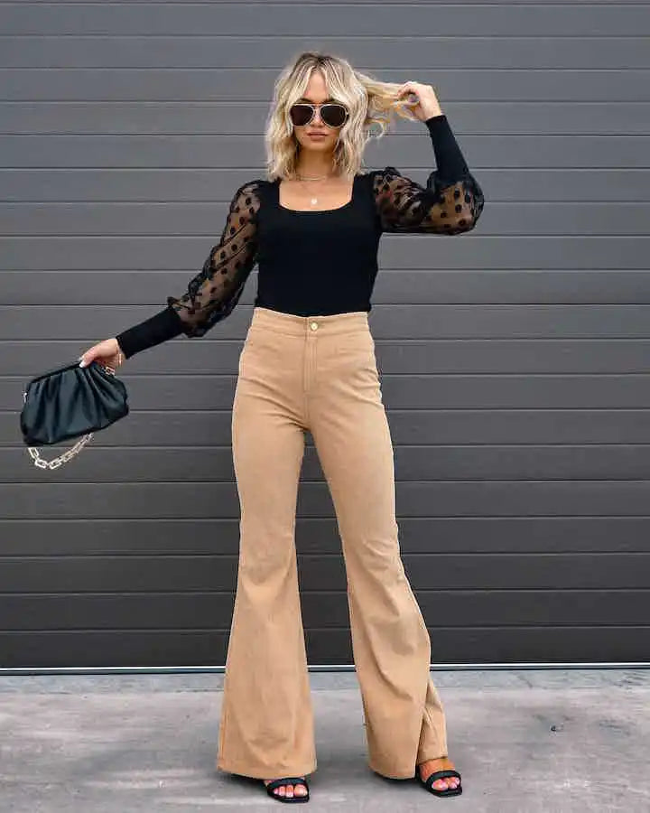 Fashionable Retro Women's Slightly Flared Pants Autumn And Winter Solid Color High Waist Button Slim Pants For Dating And Office