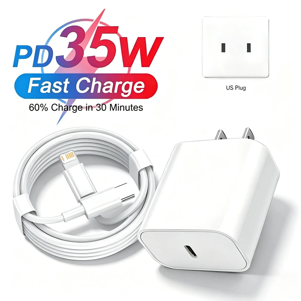 US Plug 35W PD Fast Charger For iPhone 13 14 Pro Max 11 12 Mini X XR XS Max 7 8 14 Plus SE 2020 USB-C Quick Charge PD Data Cable