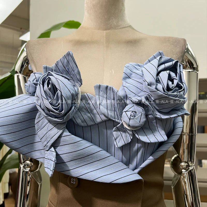 French Style Elegant Socialite 3D Floral Striped Sleeveless Double-Breasted High Waist Slim Sexy Birthday Party Mini Dress Women