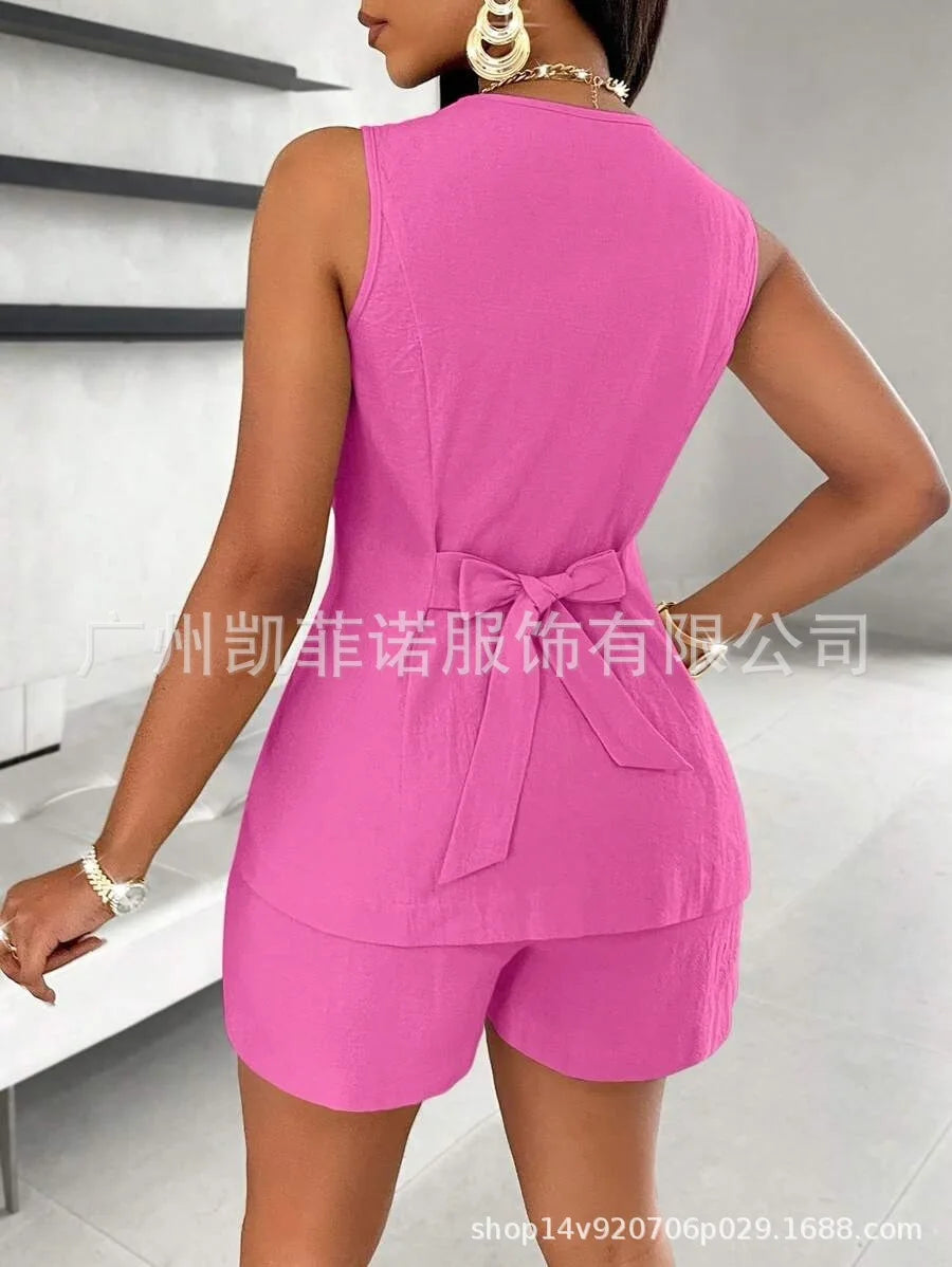 Women Fashion Casual Shorts Set Summer Vest Top Button Solid 2 Pieces Set Lace-up Pant Suits Womens Clothing Office Holiday 2025