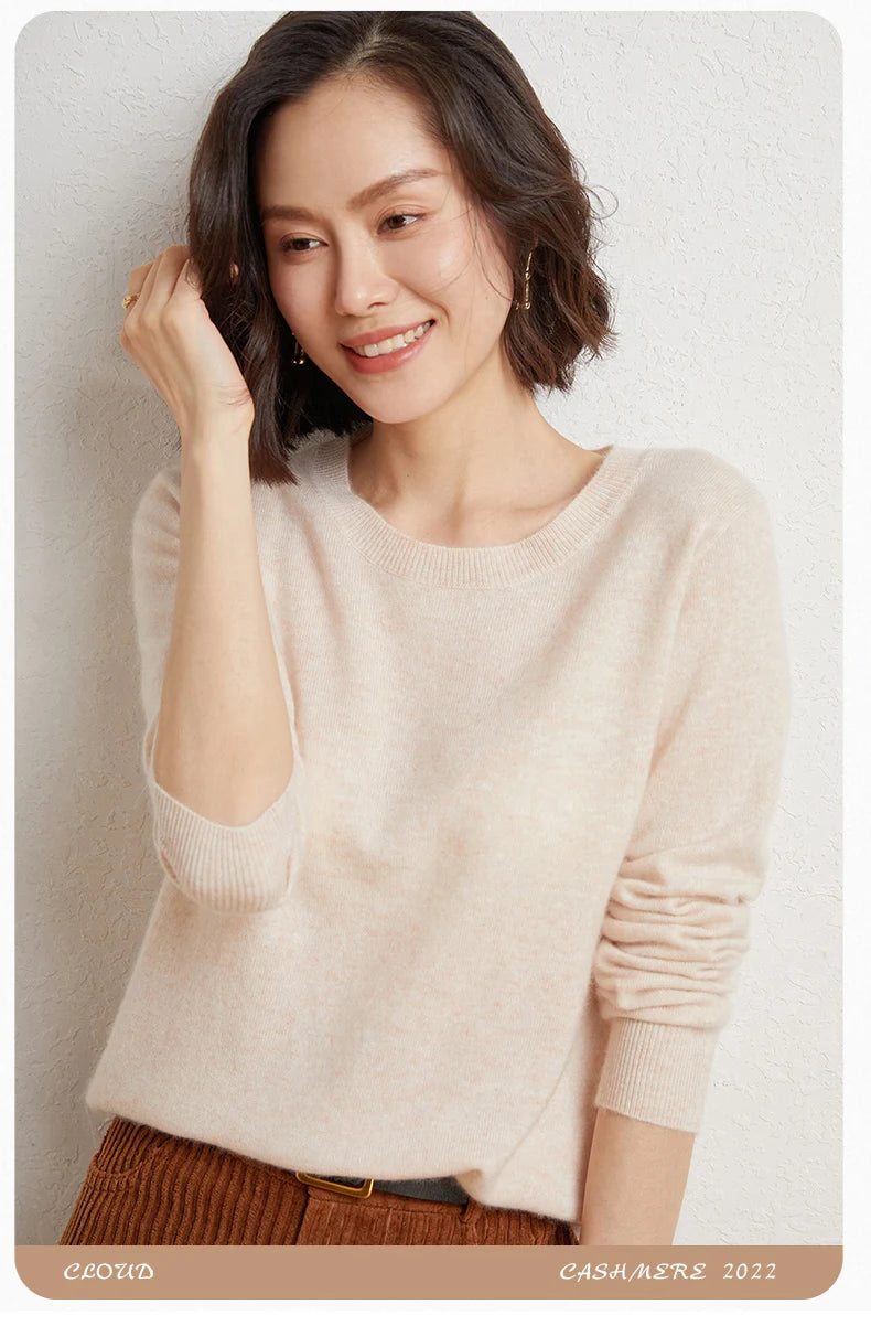100%Merino Pure Wool Pullover Sweater For AutumnWinter Women's Round Neck Warm High-Quality Solid Color Basic Knitted Jumper Top