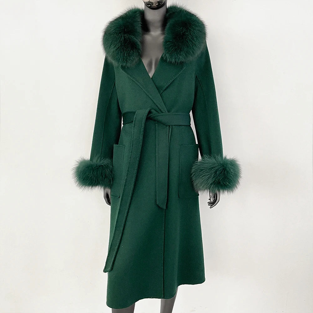 Elegant Wool Fur Jacket Women's Autumn Winter Warm Coat Natural Real Fox Fur Collar Jacket Casual Fashion Long Fur Coat Women's