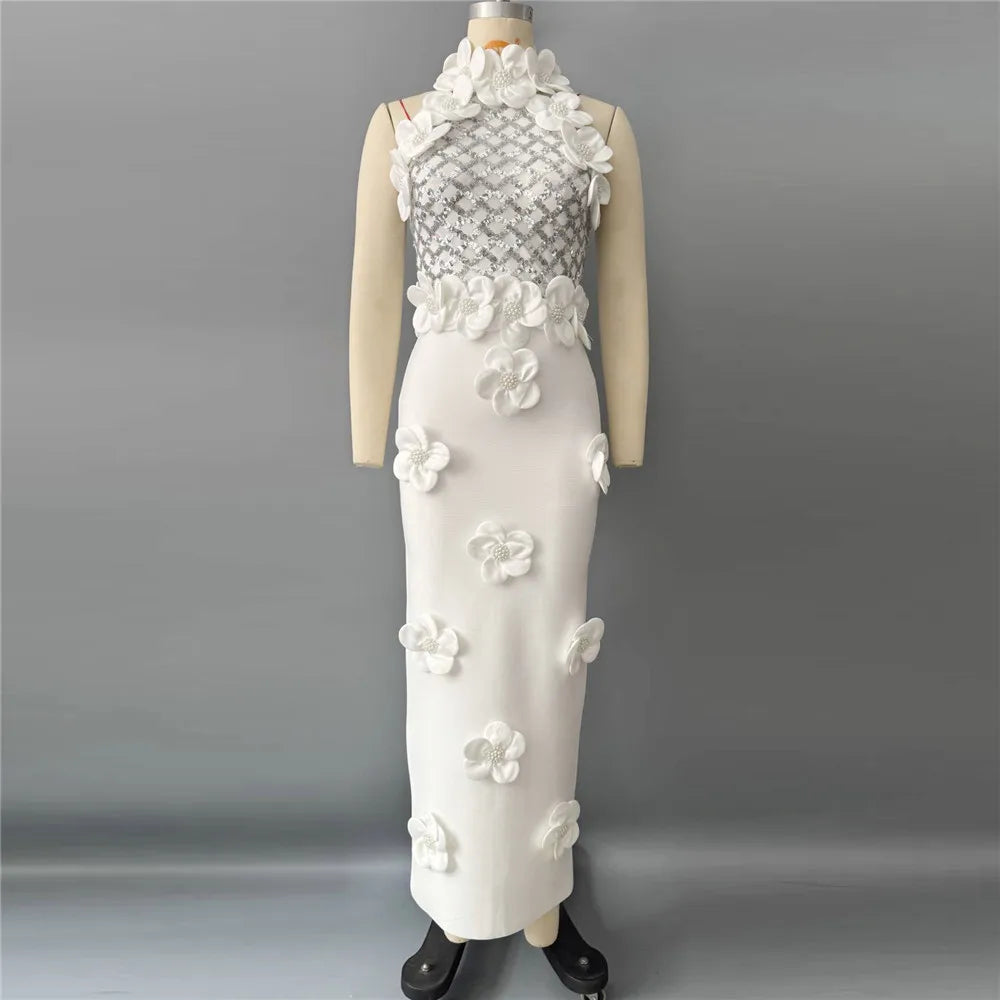 Women Fashion Flower Beading Sequins Patchwork Bandage Dress Celebrity Party Sleeveless Elegant Dresses