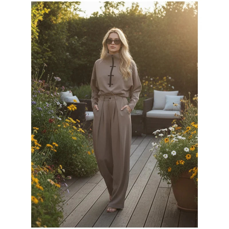 Coffee Tang Suit Two Piece Set Mandarin Collar Frog Button Top Wide Leg Cropped Pants Sets Lady Chic Retro Oriental Daily Wear