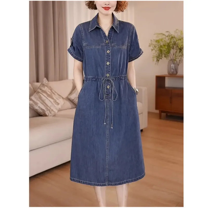 Denim Dress For women Summer 2026 New Female Single Breasted Short sleeved Slim Temperament Casual Dresses With pockets