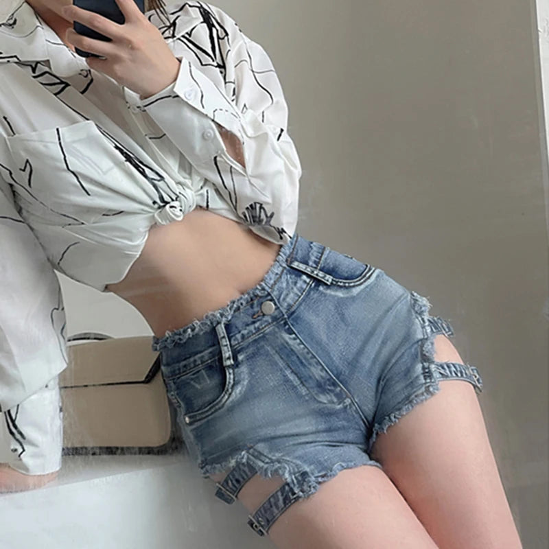 MEXZT Y2K Denim Shorts Women Sexy Hollow Out Short Jeans Streetwear Korean Fashion High Waist Slim All Match Short Hot Pants New