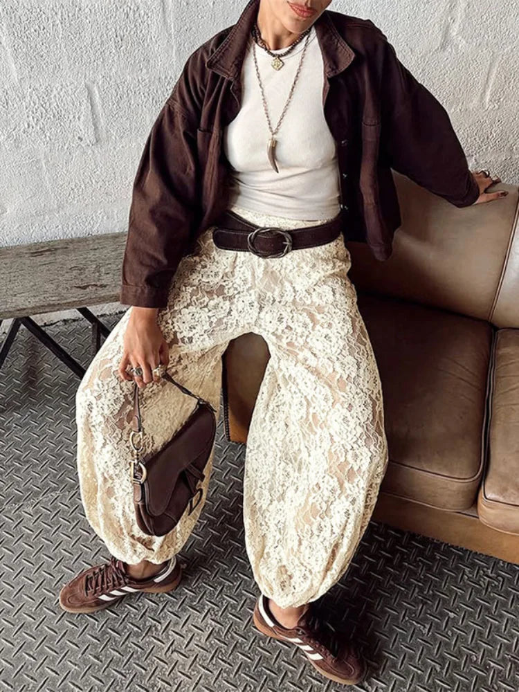 Sheer Floral Lace Tie Balloon Trousers High Waist 2026 Spring/Autumn Elegant Women Bottoms Fashion Chic Holiday Versatile Pants