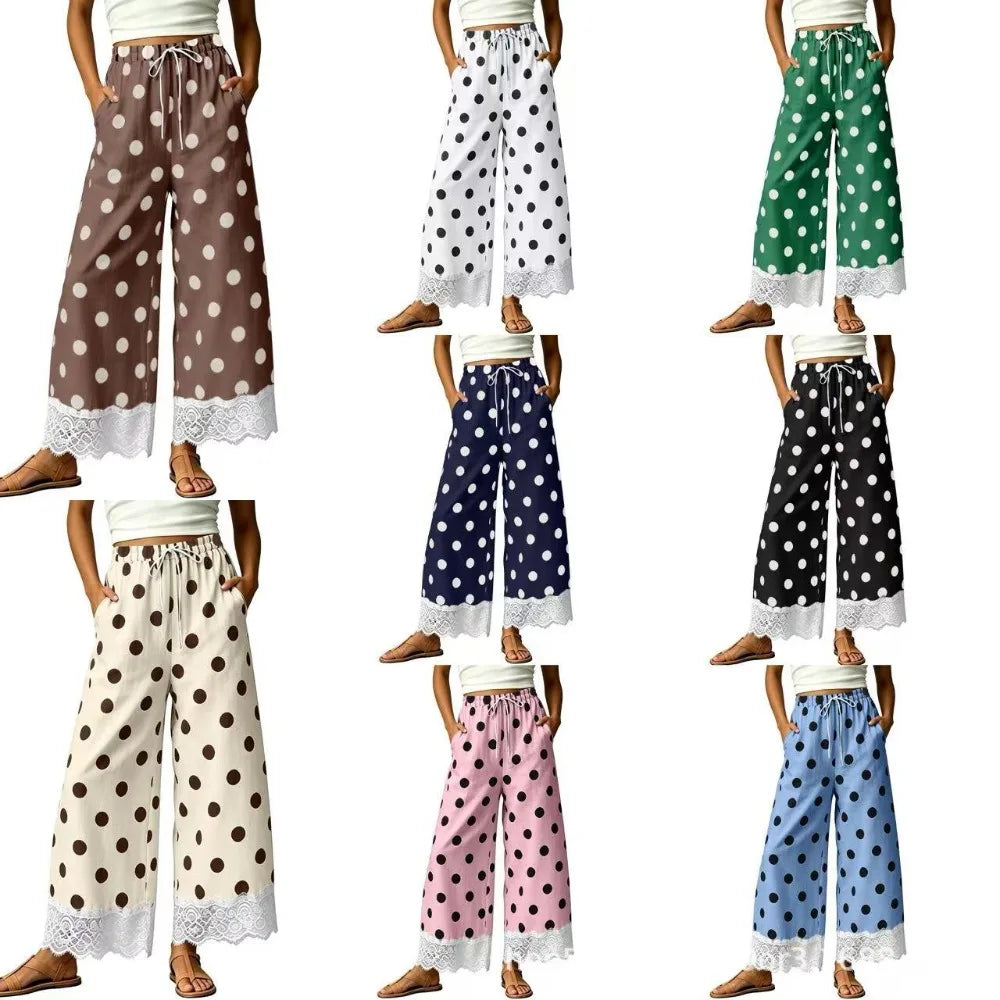 Ladies' Casual Wide Leg Pants, Thin and Sweet, Nine PointWide LegPants, Loose ElasticWaisted Lace Pants, Women's Polka Dot Cheap