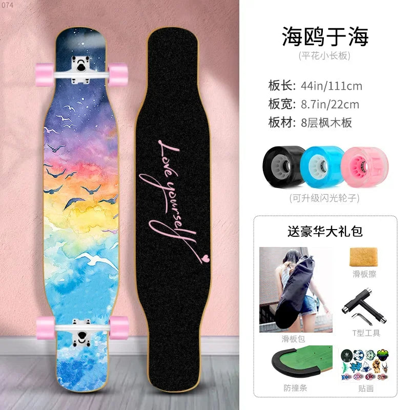 Longboard Beginner Boys and Girls Adult Professional Double Dancing Board 44in Teen Maple Quad
