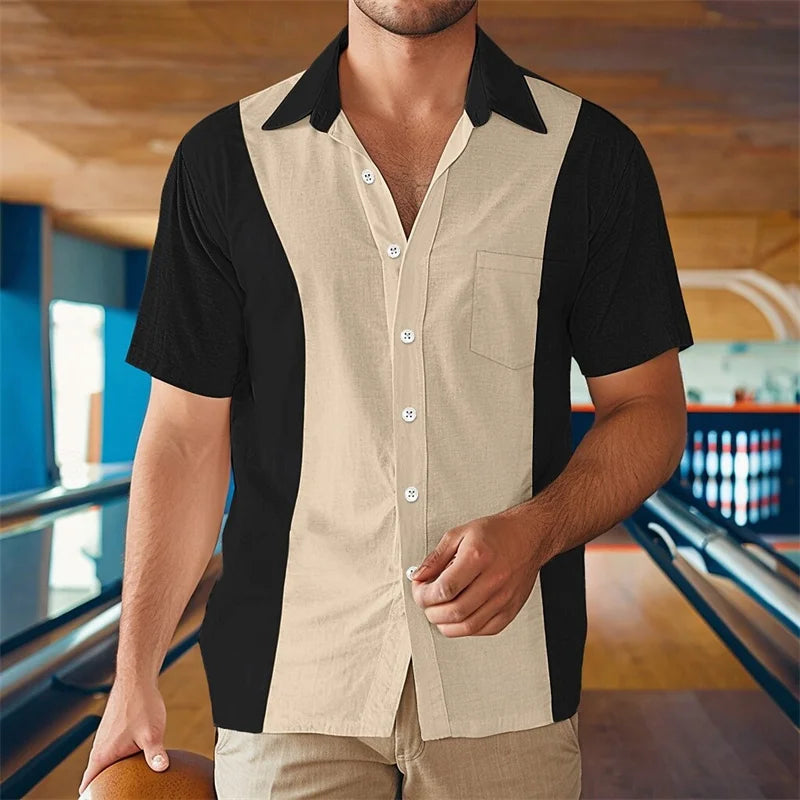 Mens Summer Beach Casual Bowling Button Down Shirt Black Blue Green Grey Lapel Vacation Everyday Front Pocket Outfit