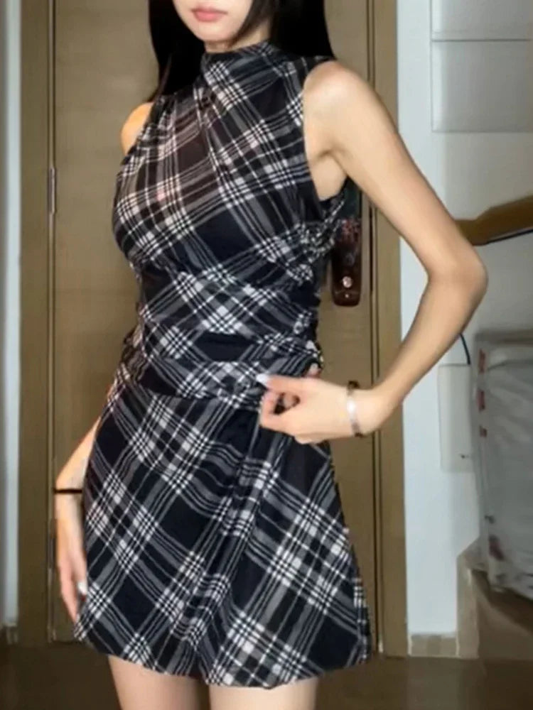 Summer New French Women Dress Fashion Street Tight Hip Woman Dress Black Plaid Ladies Sleeveless Dresses Female Chicly