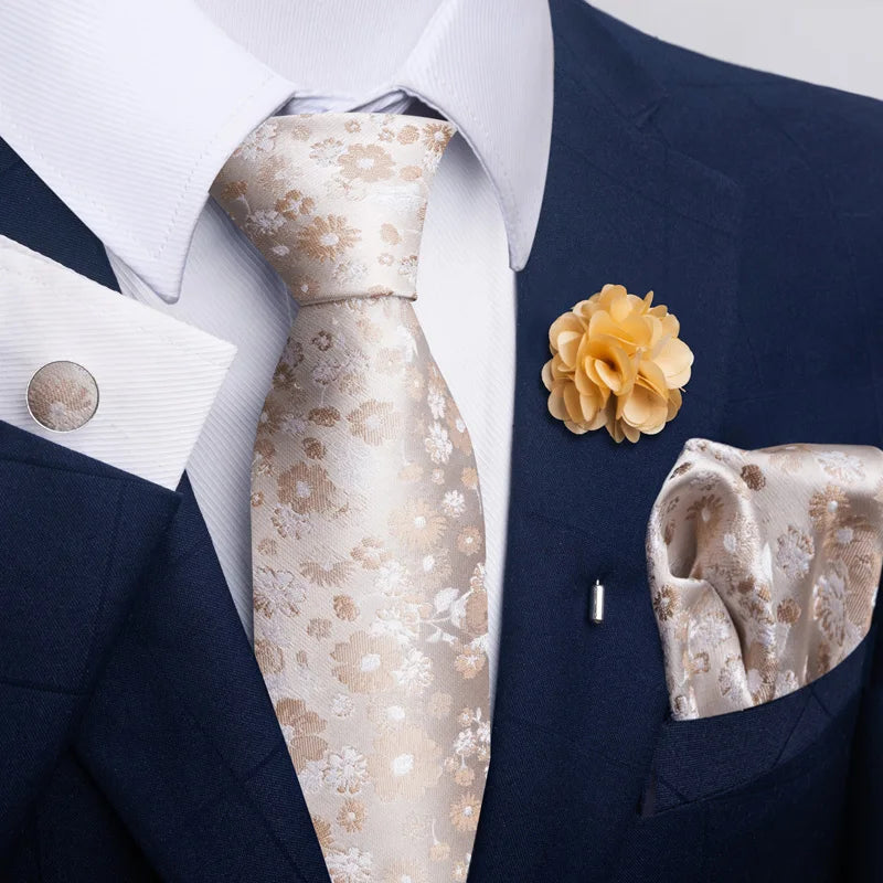 Hot Sale Luxury 8 Cm Blue Floral Ties Pocket Square Cufflinks Brooch Set For Man Suit Accessories Holiday Gift Fit Formal Party