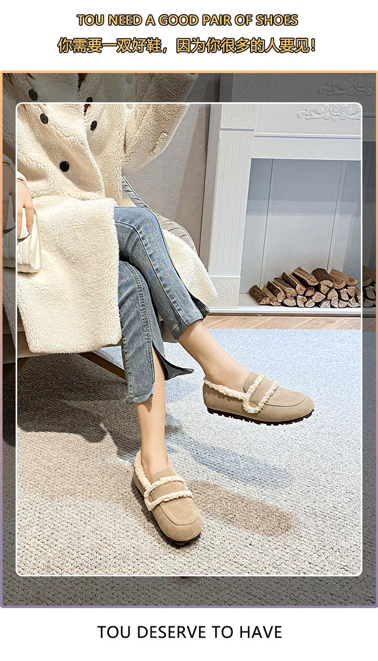 2026 Faux Suede Flats Women Lambswool Loafers Winter Warm Cotton Shoes Ladies Platform Fleeces Mocasines Female Sheep Fur Boots