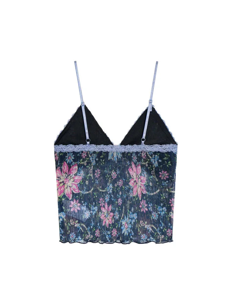 Summer women's retro floral vest with lace trim, V-neck adjustable sexy short vest, suitable for daily street casual Y2K vest