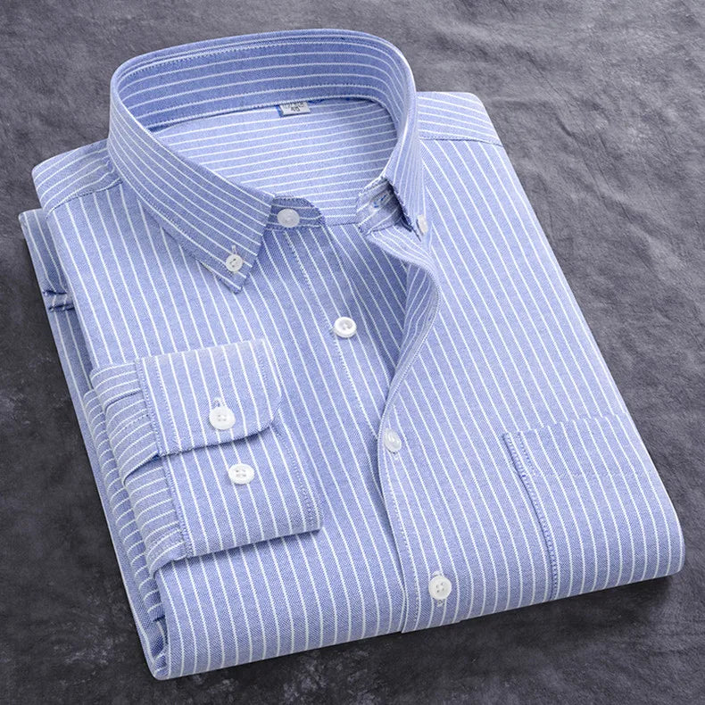 Newly Design Shirts For Men Spring Fall Long Sleeve Solid Color Oxford 100% Cotton Smart Casual Business Stripe Plaid White 5XL