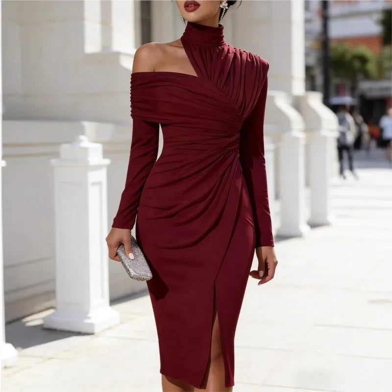 Women's Elegant Off Shoulder High Neck Midi Dress Long Sleeve Ruched Bodycon Package Hip Dress With Slit Formal Party Dress New
