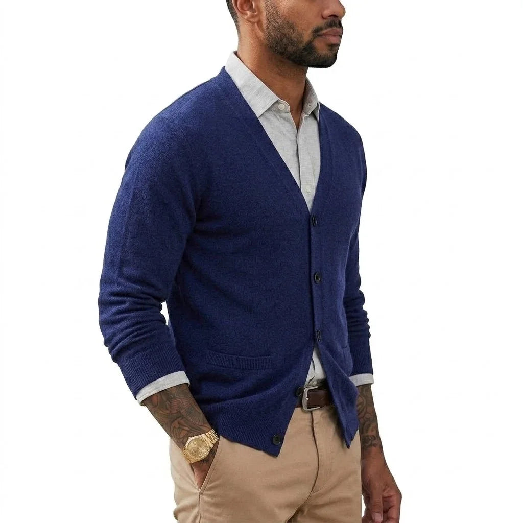 Mens VNeck Open Cardigan Jumper Button Front Knit Apparel Long Sleeve Knit Sweat Tops with Pockets Outer Garment for Males