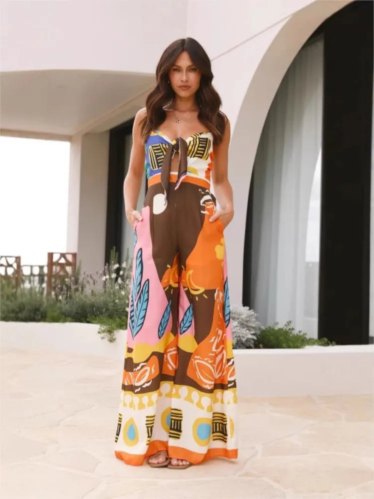 Spring Summer Print Spaghetti Strap Jumpsuits Women Fashion Sexy Hollow Out Leace-up High Waist Wide Legs Jumpsuit Bohemian New