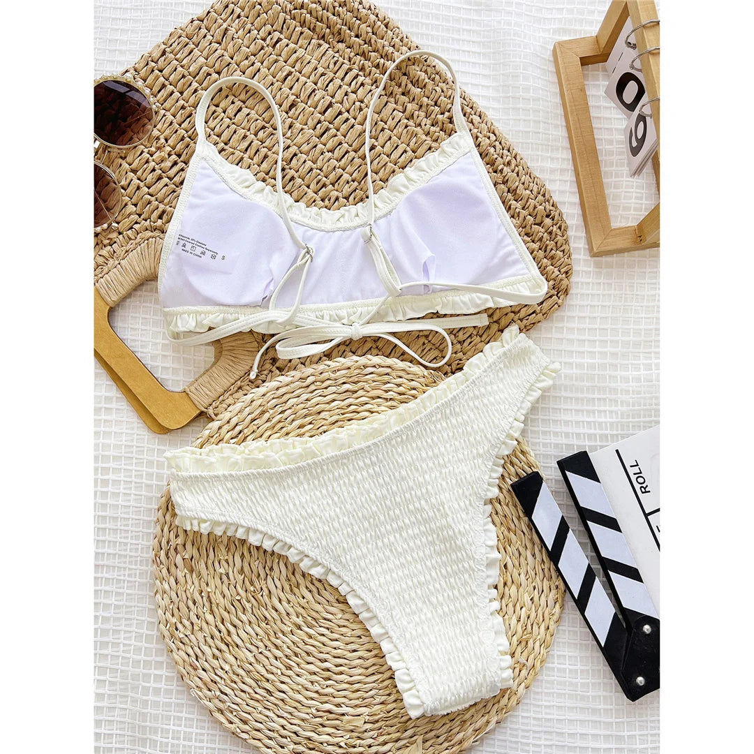Frilled Ruffled Wrinkled Mid Waist Bikini Women Swimwear Female Swimsuit Two-Pieces Bikini Set Bather Bathing Suit Swim V5844