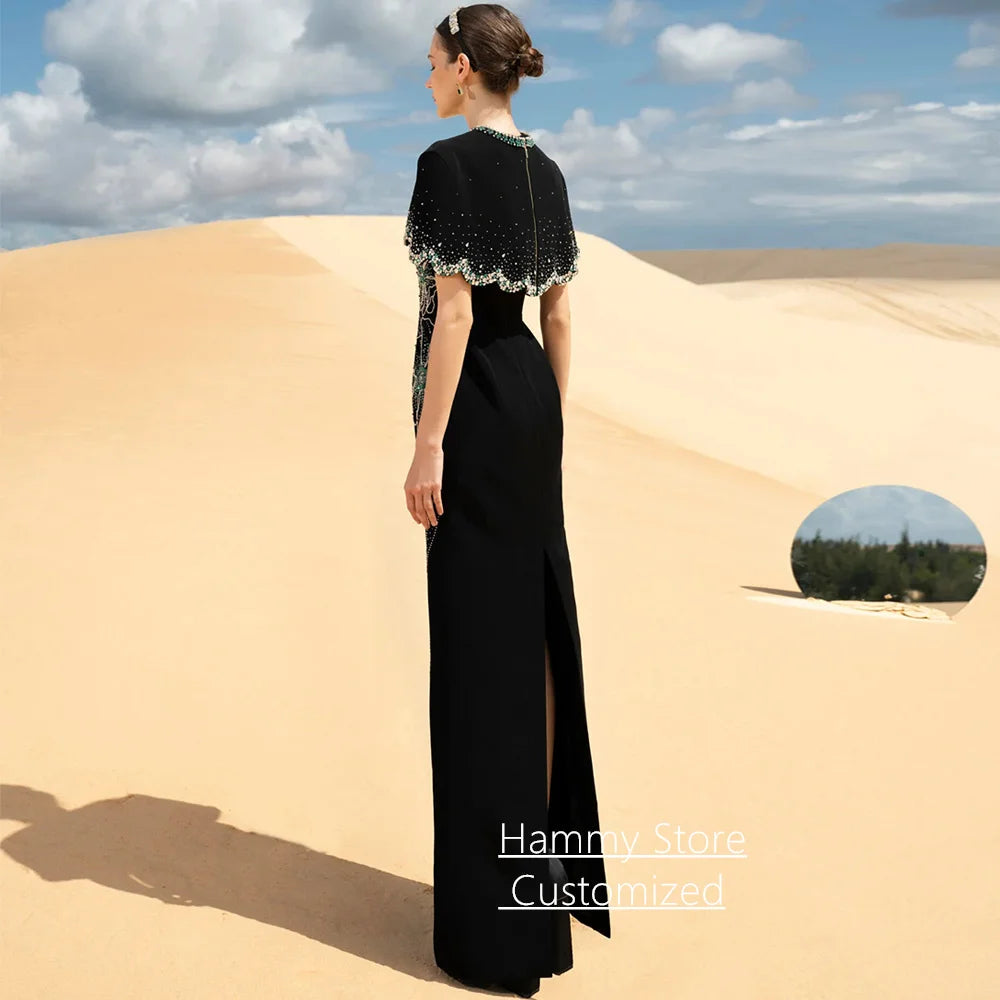 Luxury Evening Dress Customized Round Neck Sleeveless Beading Stone Engagement Dresses Wedding Party Gown with Cape