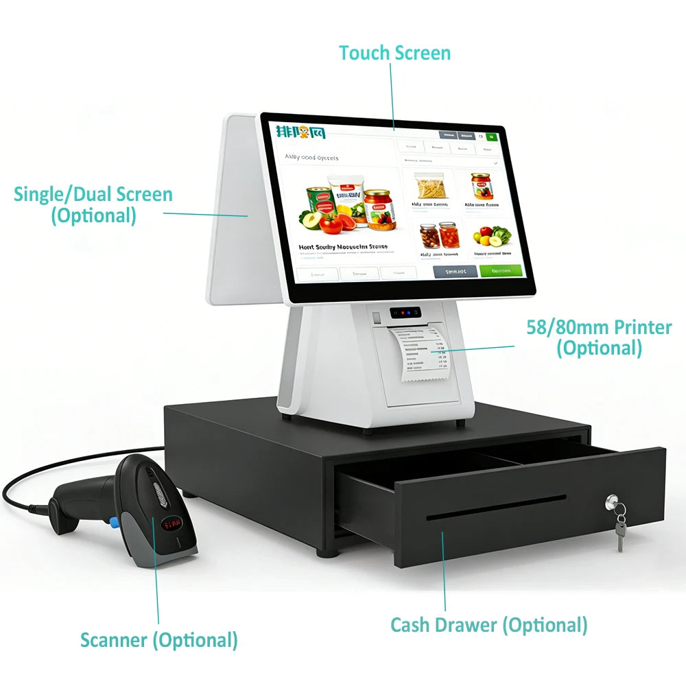 White POS System Efficient Cash Register Business Management Touch Screen Windows POS Terminal Printer All In One POS System