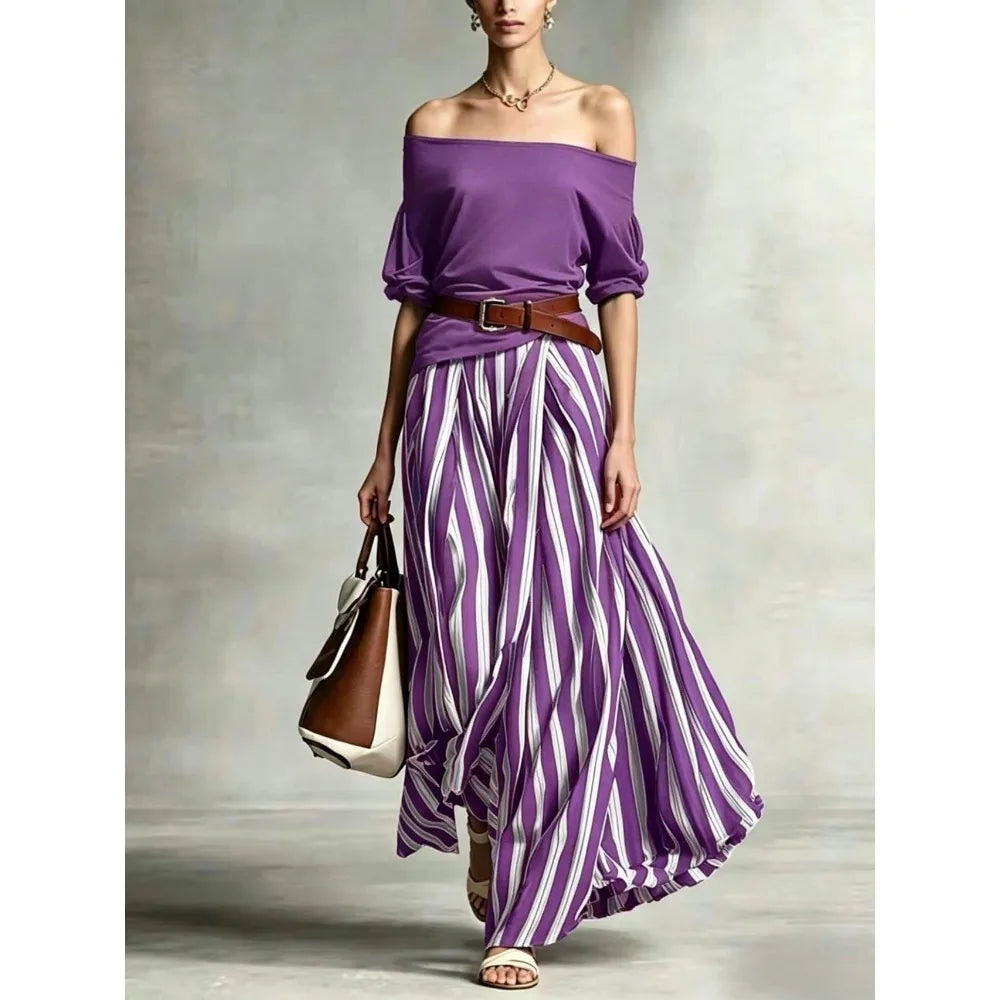 Women Multiple Colors Off Shoulder Puff Sleeve Top Vertical Stripe Flowy Maxi Skirt 2 Piece Outfit Loose Casual Vacation Set