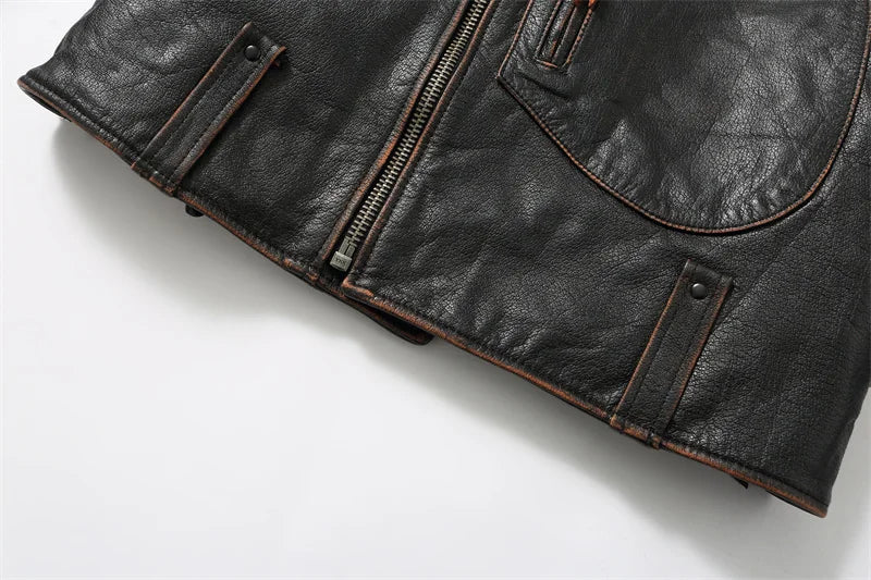 Retro Black Winter Leather Jacket Men Vintage Style Plus Size 5XL Genuine Natural Thick Cowhide Diagonal Zipper Leather Coat