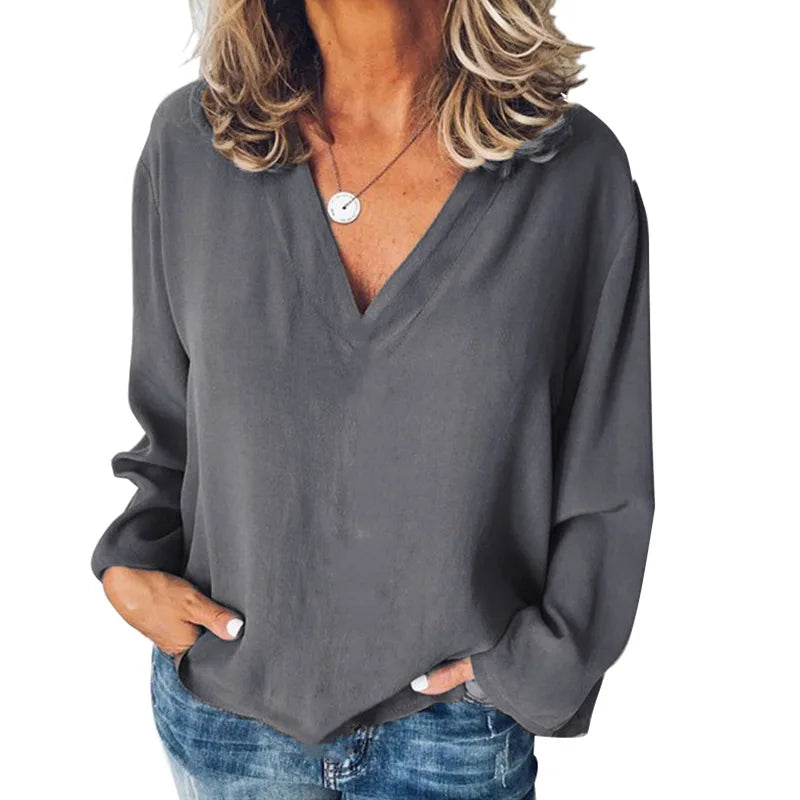 Women's Stitching Shirt Loose Stitching V-neck Long Sleeve Pullover Chiffon Shirt Fall Top Simple Elegant Street Blouse