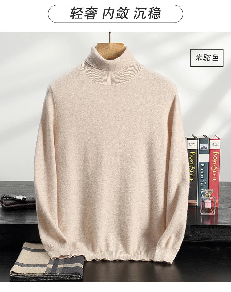 Autumn/Winter Men's 100% Cashmere Pullover Business Casual Solid Knitted Sweater Loose High Collar Tops Basic Thick Warm Jumper