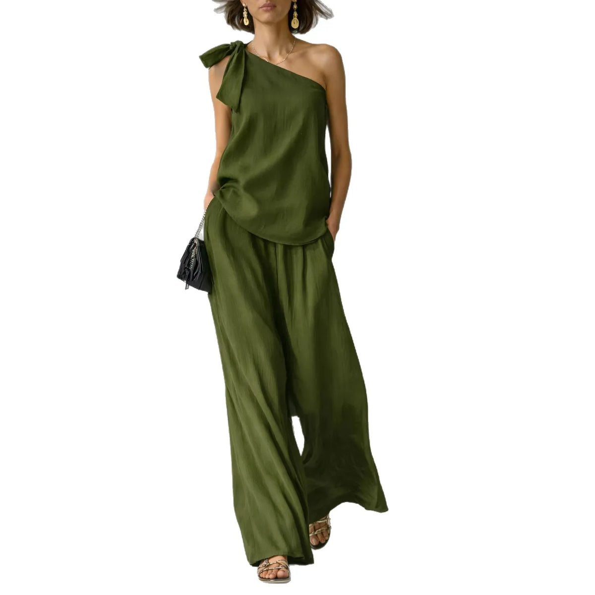 Summer Sexy Off Shoulder Tank Tops And Wide Leg Pants Two Piece Sets Casual Loose Solid High Waist Pants Sets Lace Tops Outfits