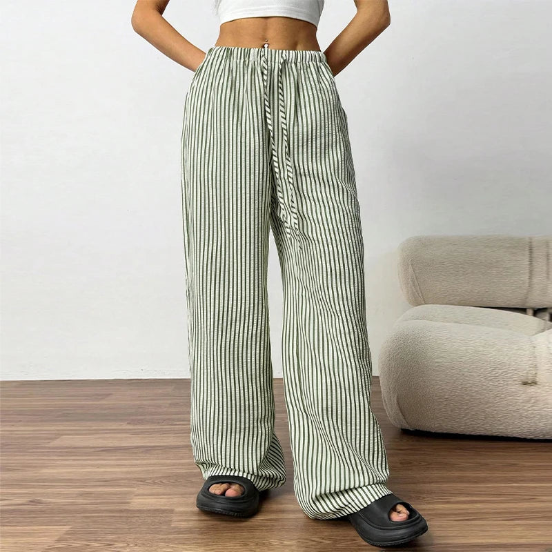 Striped Zipper High-Waisted Trousers Slim Fit Flare Leg Double Pocket 2026 Summer Casual Women Bottom Fashion Chic Lady Pants