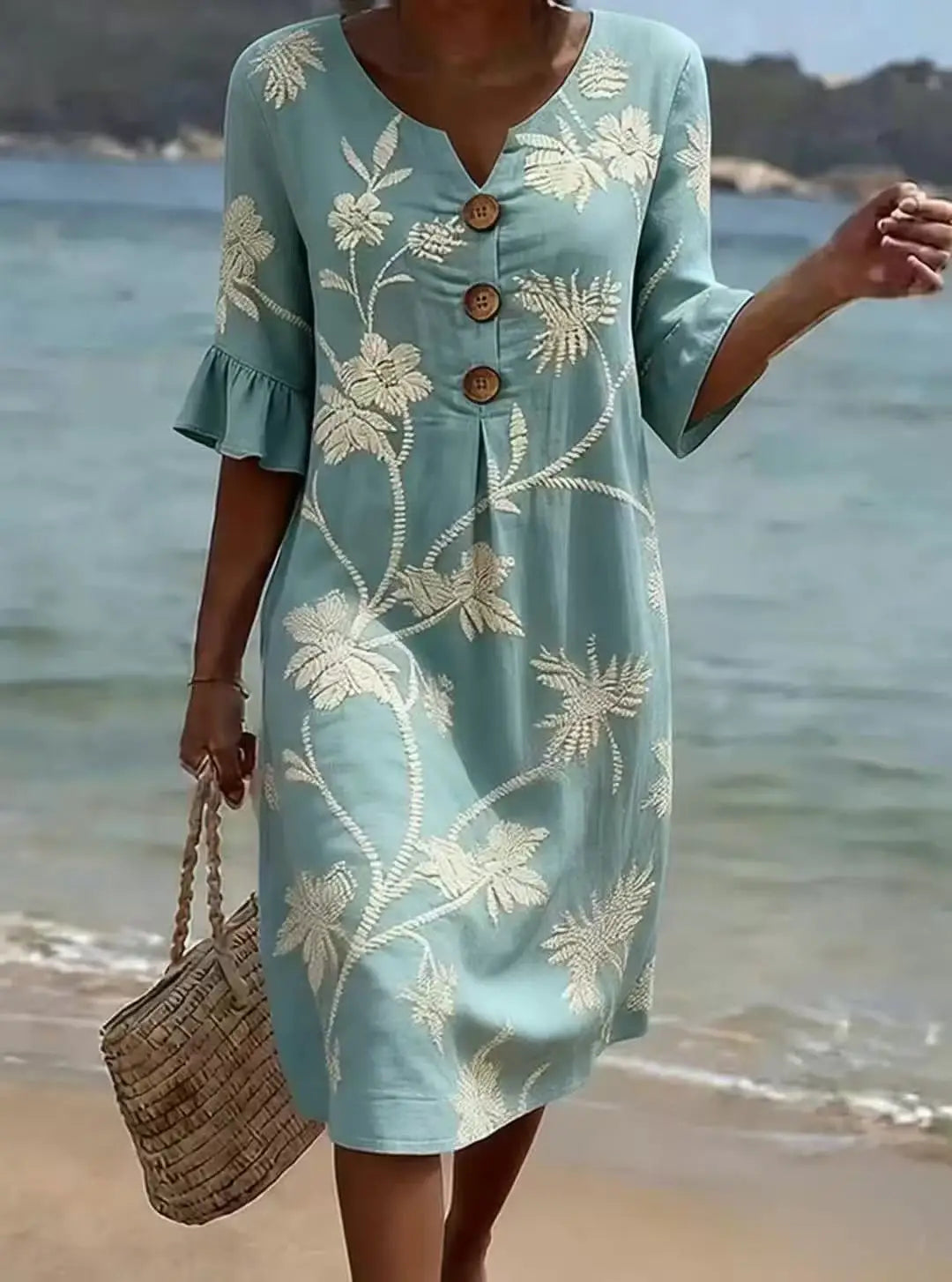 Mom Casual Dresses V Neck Elegant Retro Printed Medium Sleeved Dress Summer Fashion Streetwear Maxi Vestidos For Daily Fit