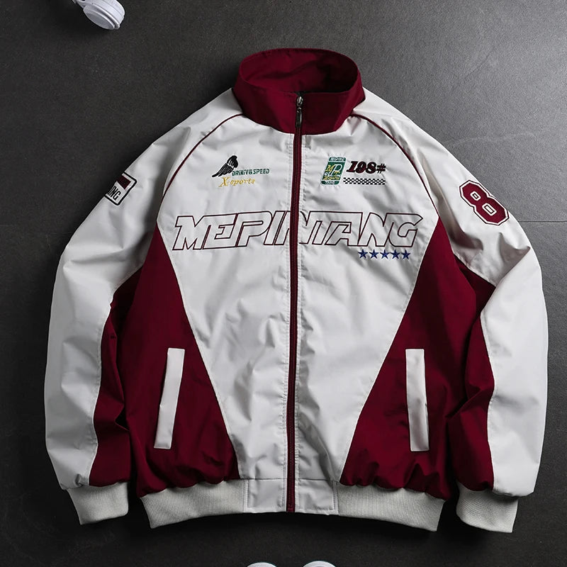 Men's Black White Color Block Racing Jacket Stand Collar Zip Up Windbreaker Retro Sports Coat With Patches