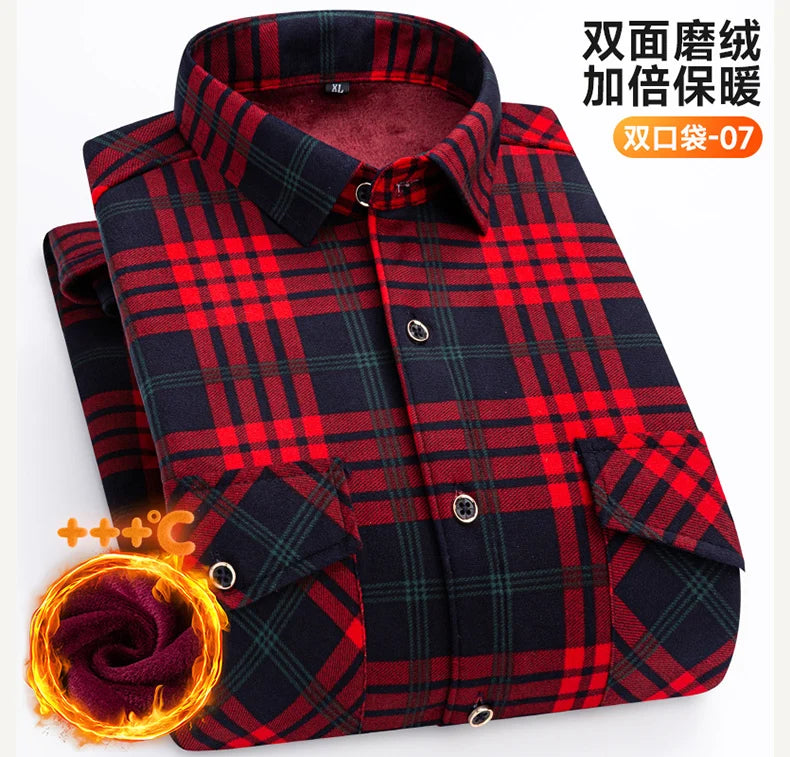 2025 Autumn Winter Men's Fashion Plaid Striped Print Shirts Double-sided Fleece Long Sleeve Thick Warm Shirts Soft Big Size 7XL