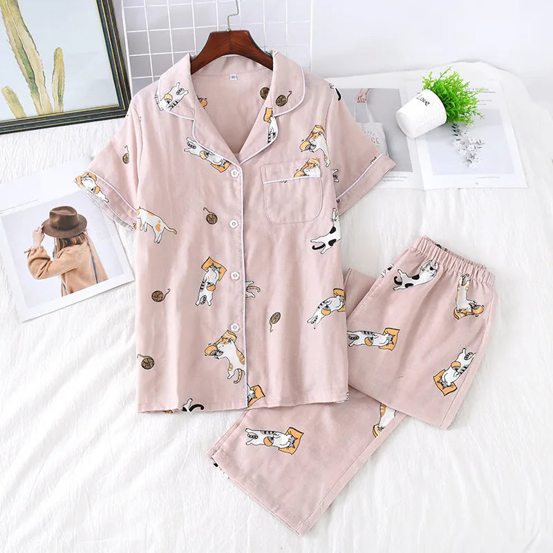 2026 Japanese new spring and summer short-sleeved trousers pajamas 2-piece set 100% cotton gauze flower cartoon home service set