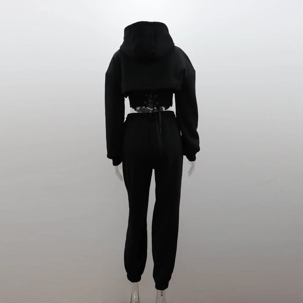 Women's Casual Sweatpants Set Belted Hooded Short Hoodie Corset Three-Piece Autumn Winter Comfortable Polyester Plus Size