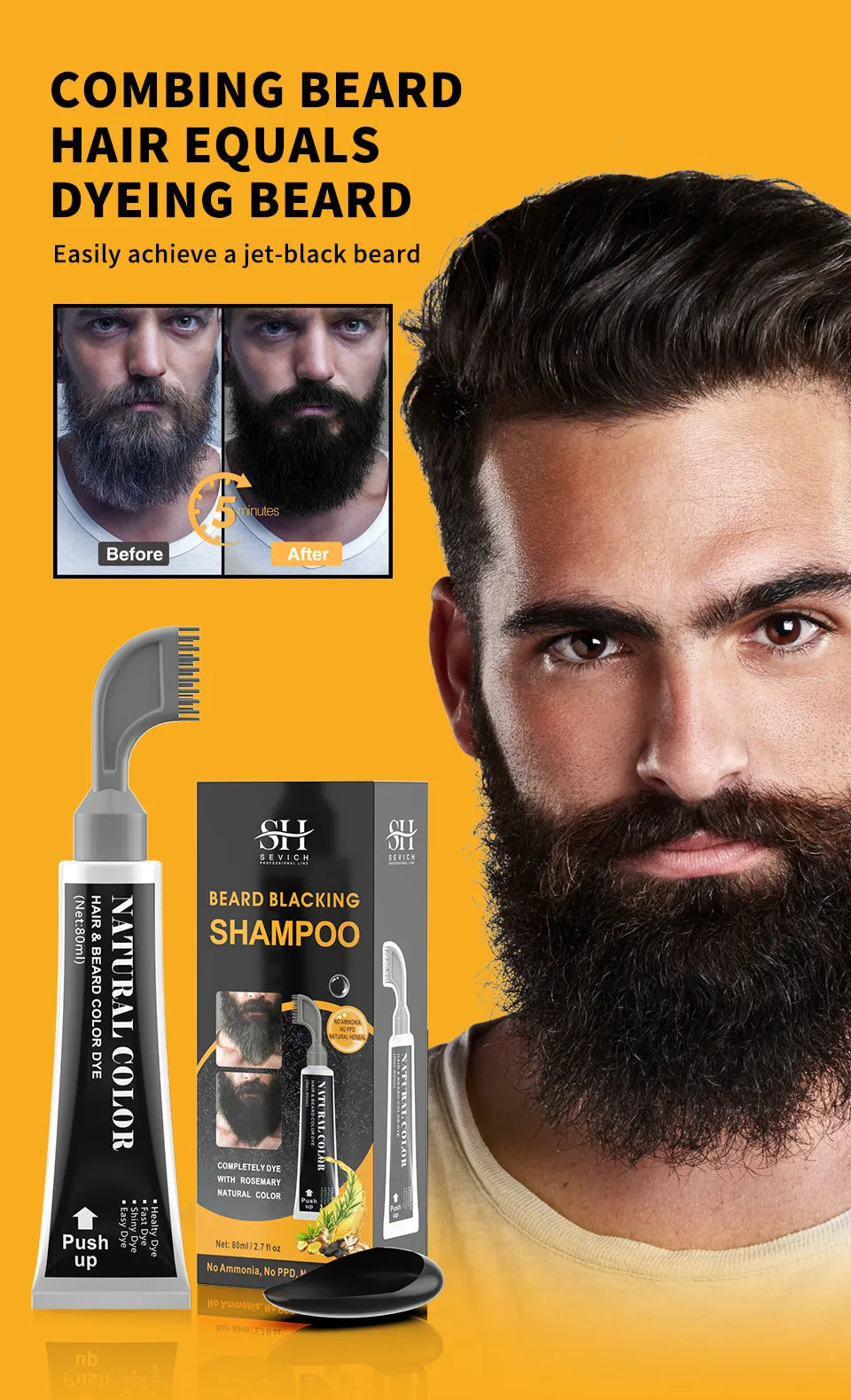 Rosemary Black Beard Dye Cream With Comb 3 Minutes Fast Instant Hair Dye Shampoo Herbal Extract Beard Cover Permanent Hair Dye