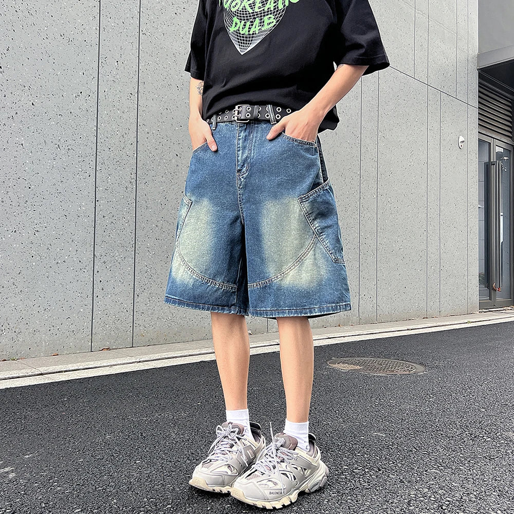 Men's Summer Retro Nostalgic Denim Shorts Loose Overalls Five-quarter Pants American Y2K Street Hip-hop Shorts Brand Clothing