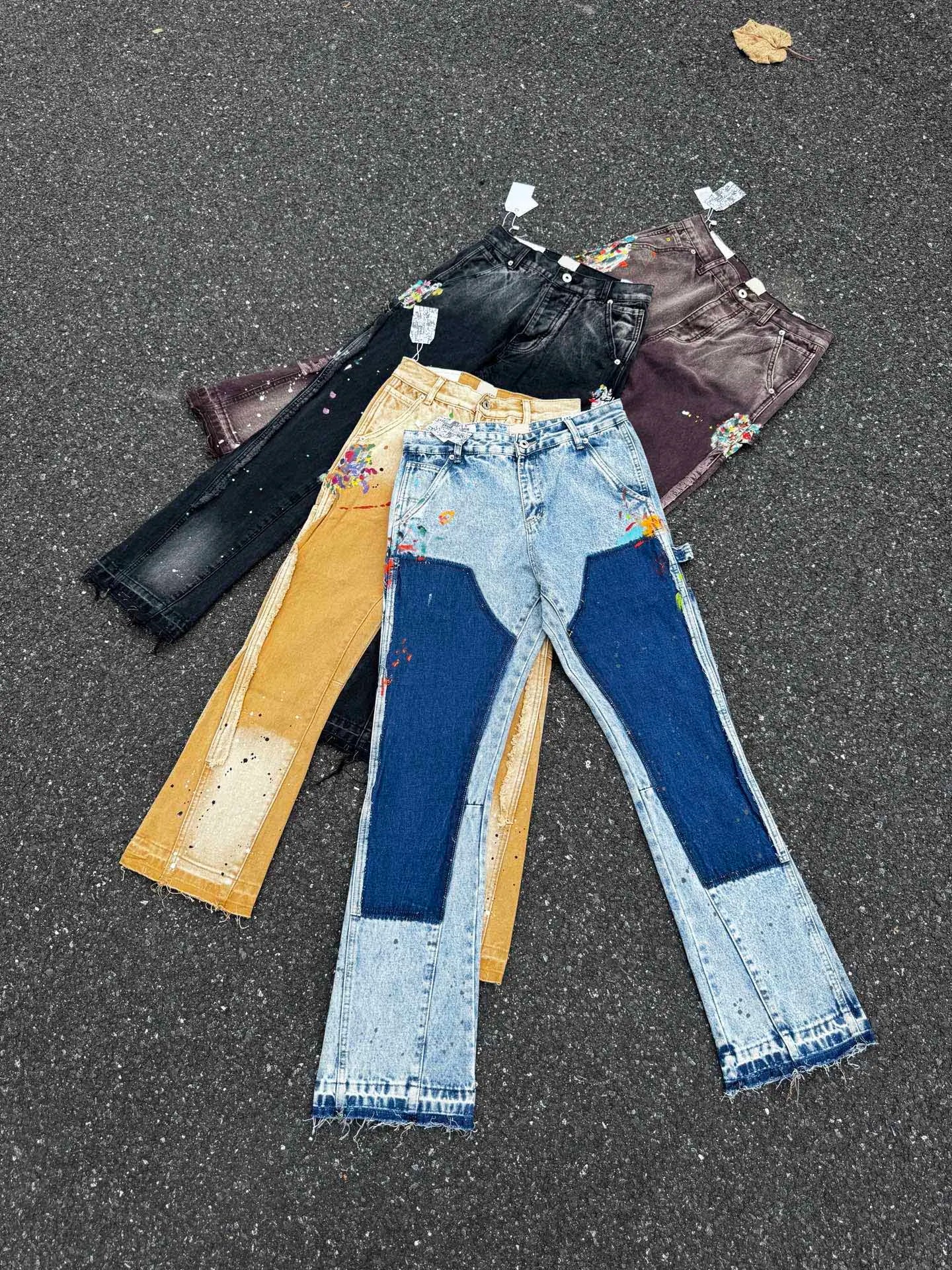 2025 Top Quality GPT Retro Distressed Soiled Ink-splashed Flared Jeans Men Casual Staight Washed Jeans Denim Pants Trousers