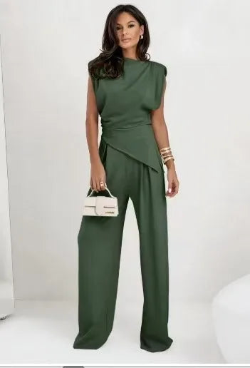 2 pieces women sets 2026 Summer New Fashion Solid Color Irregular top+long wide leg pant sets women's clothing