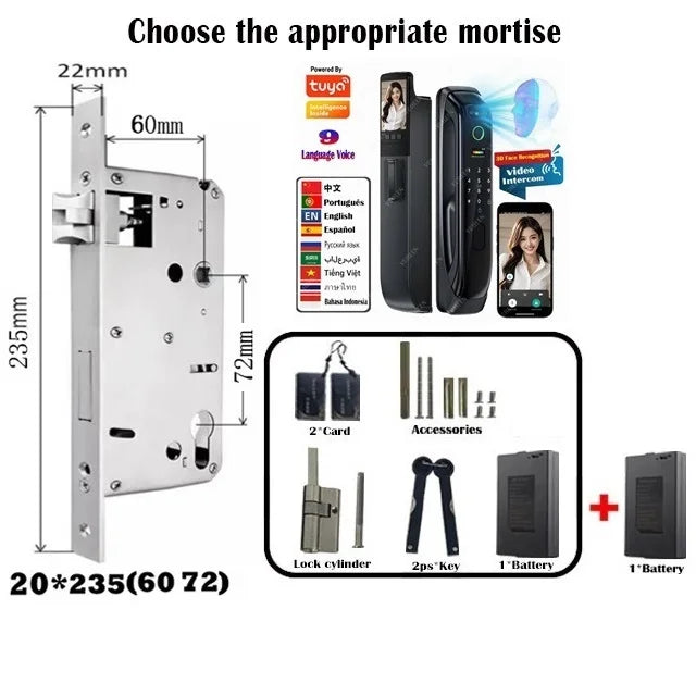 5050 5072 5572 4585 6085 Mortise Tuya WiFi Video Intercom 3D Face Recognition Smart Lock Biometric Camera Auto Keyless Lock