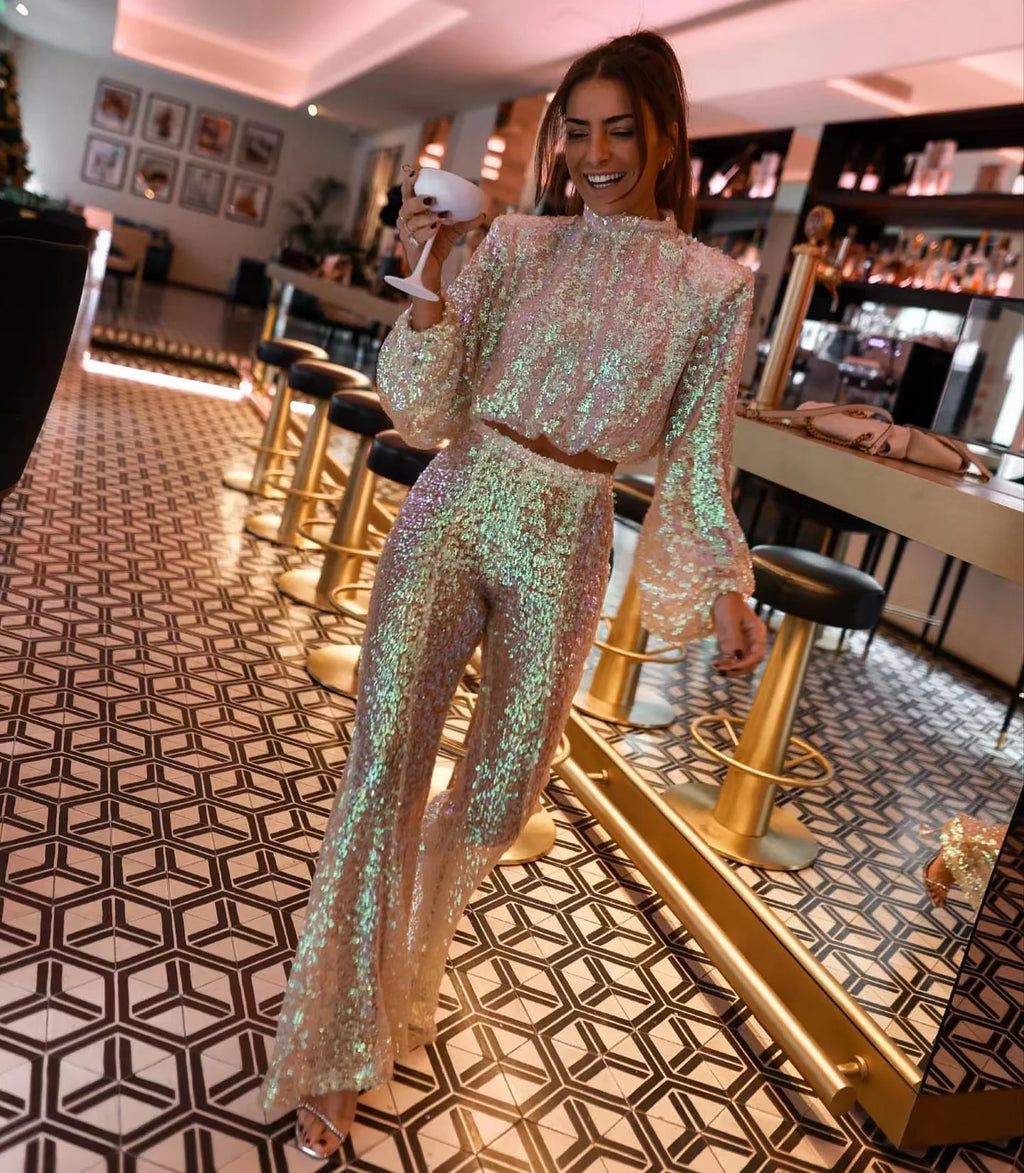 New Color Sequin Pants Sets Women Fashion Lantern Sleeves Cropped Top High Waist Trousers Two Piece Set Hot Girl Female Clothing