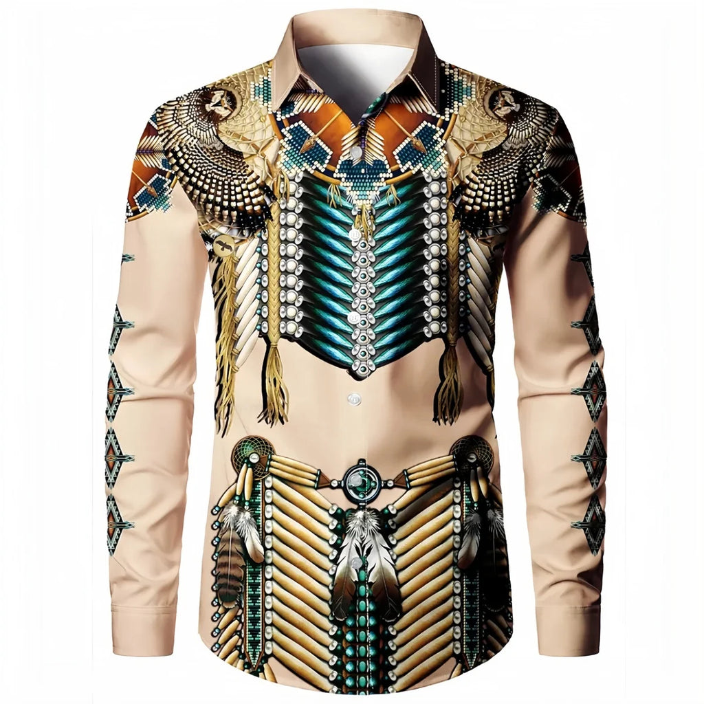 Fashion New Ethnic Style 3D Printed Men's Long Sleeve Shirt Spring And Autumn Casual Breathable Lapel Button Shirt Daily Clothes