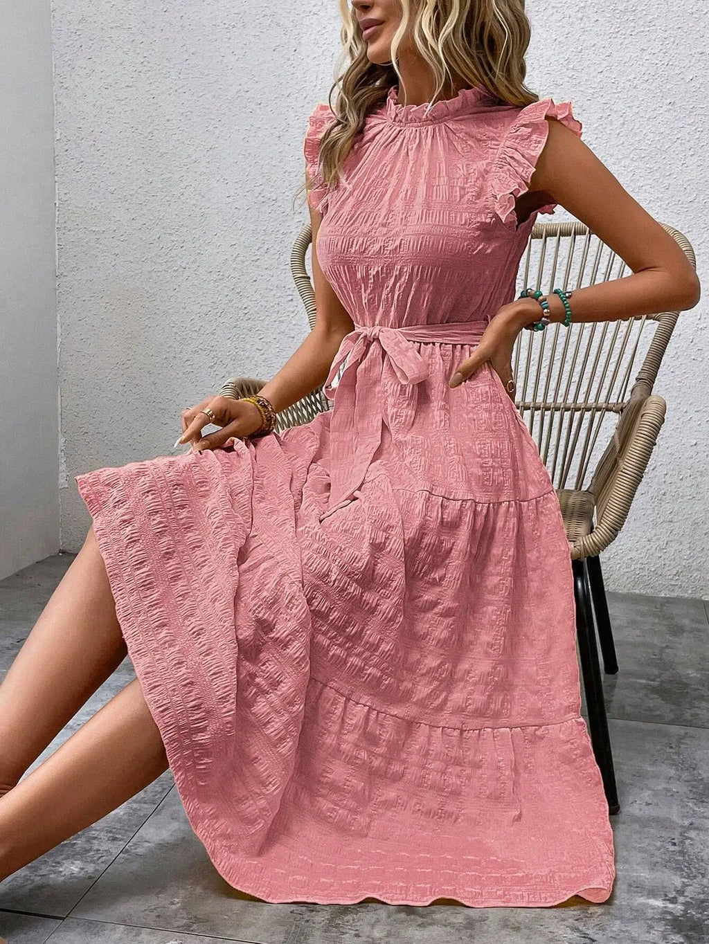 Elegant Women's Summer New Fashion Wooden Ear Edge Flying Sleeve Lace Up Texture Dress Purple  Sleeveless Lace Up Long Dresses